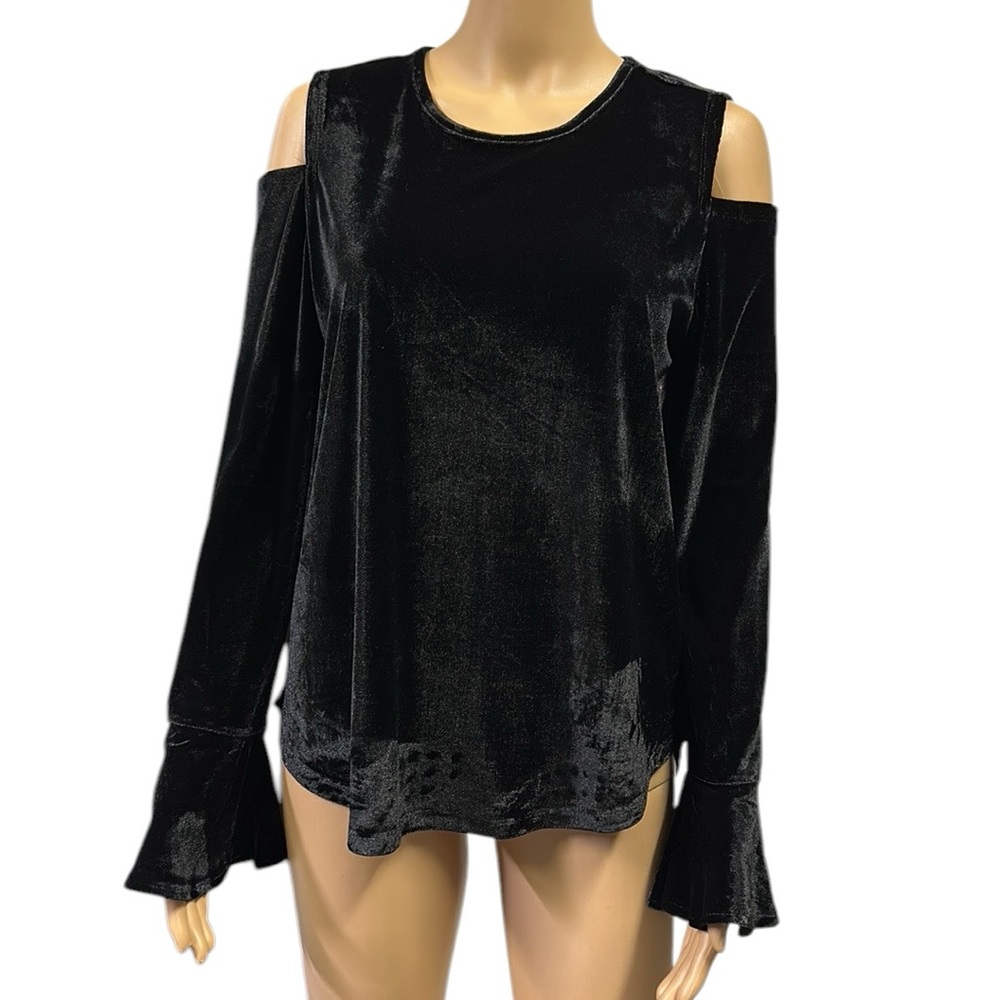 Harve Benard Black Velvet Long Sleeve Cold Shoulder Bell Cuff Top Womens Small